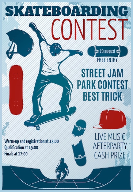 Skateboarding póster de color con descripciones de street jam park concurso mejor truco ilustración vectorial