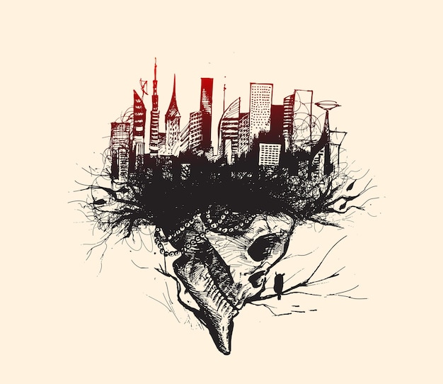 Skech of Skull aislado sobre fondo blanco con el horizonte urbano de la ciudad Vector Illustration