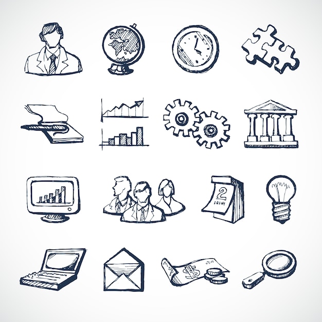 Sketch infographic iconos conjunto con globo de reloj ordenador rompecabezas dinero aislado ilustración vectorial
