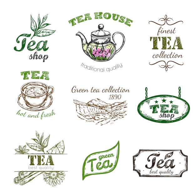 Vector gratuito sketch tea logo set