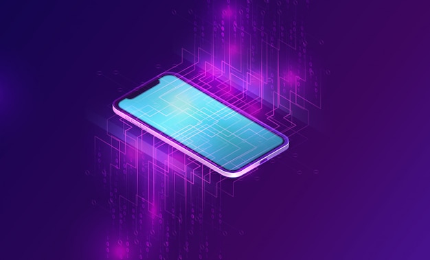 Smartphone con banner isométrico de flujo de datos grandes