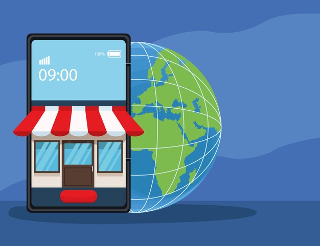 Smartphone con edificio de tiendas