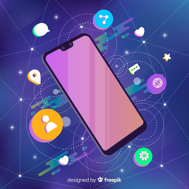 Vector gratuito smartphone flotando rodeado de elementos