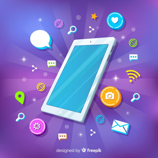 Smartphone flotando rodeado de elementos