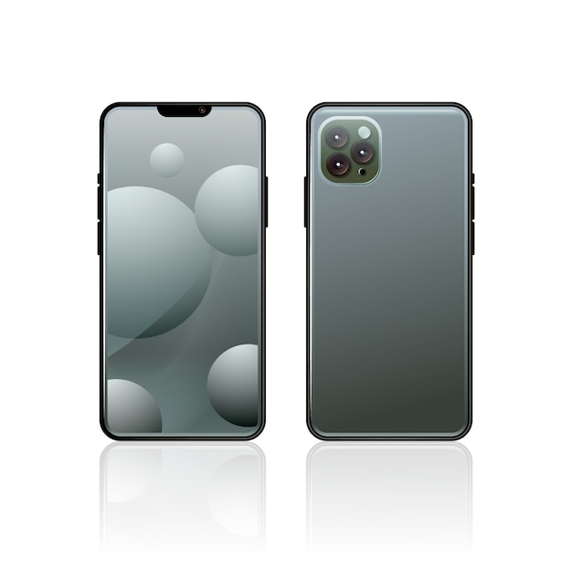 Smartphone gris realista con tres cámaras.