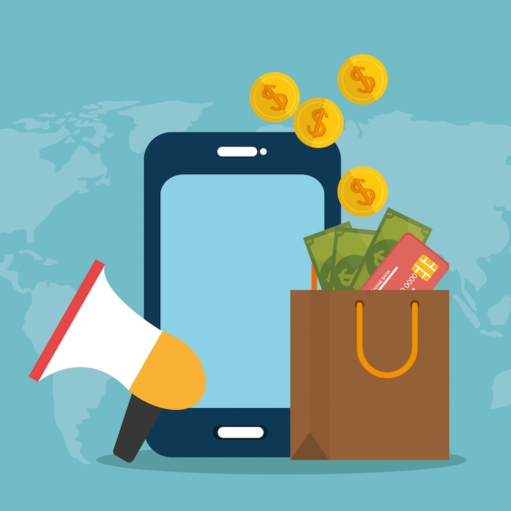 Vector gratuito smartphone con iconos de comercio electrónico