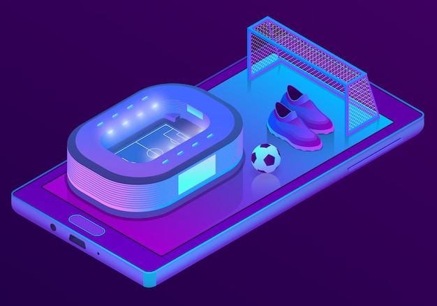 Smartphone isométrico 3D con estadio de fútbol