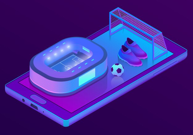 Smartphone isométrico 3D con estadio de fútbol