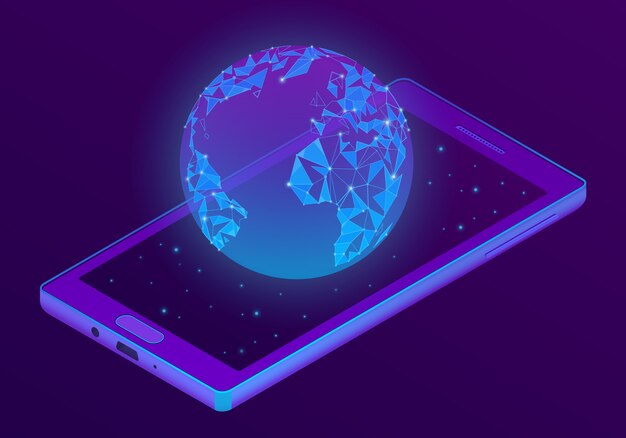 Smartphone isométrico 3D con holograma mundial