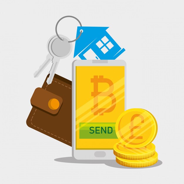 Smartphone con moneda bitcoin y billetera con llaves de la casa