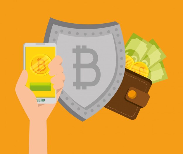 Smartphone con moneda bitcoin y escudo con billetes