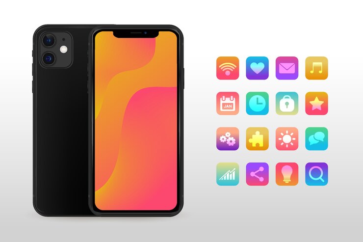 Vector gratuito smartphone negro realista con diferentes aplicaciones