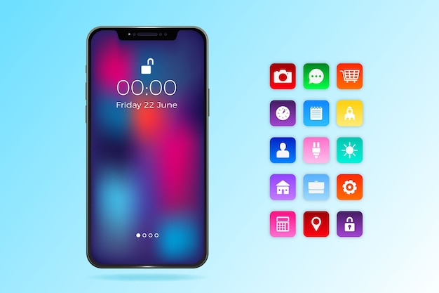 smartphone realista con aplicaciones en tonos azules degradados