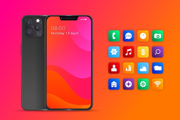 Vector gratuito smartphone realista con aplicaciones en tonos naranja degradado