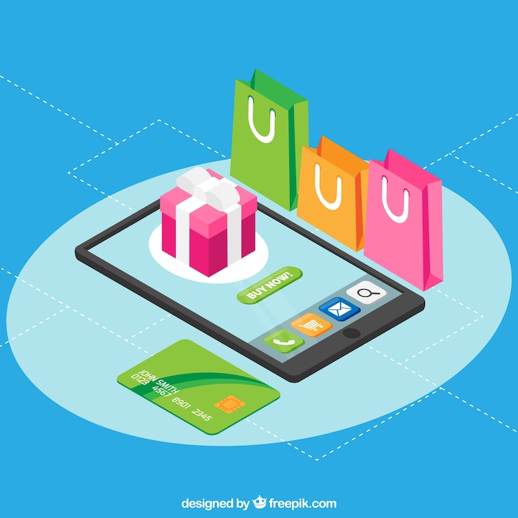 Vector gratuito smartphone, regalo, bolsas de compras y tarjeta de crédito