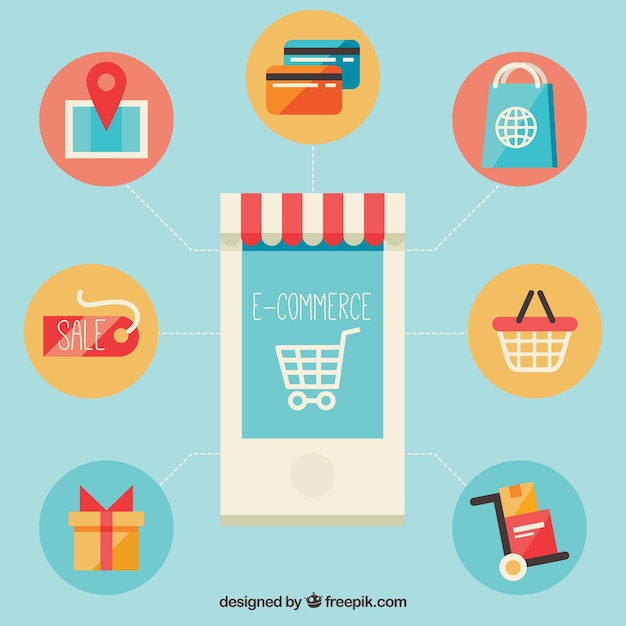 Smartphone y símbolos de compras con diseño plano