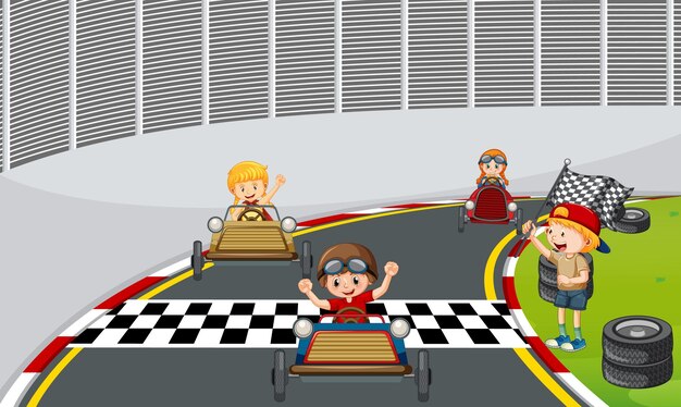 Soapbox derby escena con coche de carreras para niños