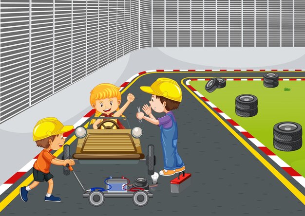 Soapbox derby escena con coche de carreras para niños