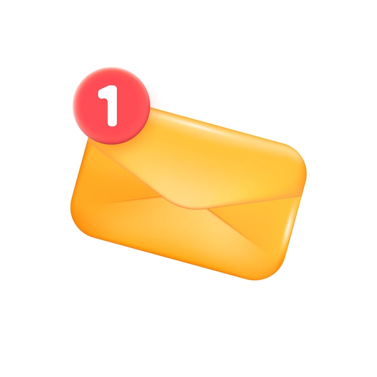 Vector gratuito sobre amarillo con ilustración 3d de notificación de círculo rojo. dibujo de dibujos animados de correo electrónico comercial o carta en estilo 3d sobre fondo blanco. negocios, comunicación, concepto de correo.