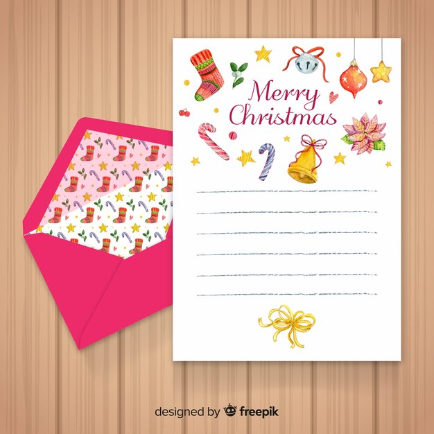 Sobre y carta de navidad con diseño de acuarela