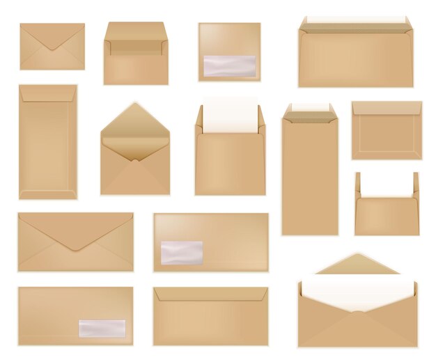 Sobres de cartón realista con imágenes aisladas de cubiertas de cartas de papel artesanal de franqueo en la ilustración de vector de fondo en blanco
