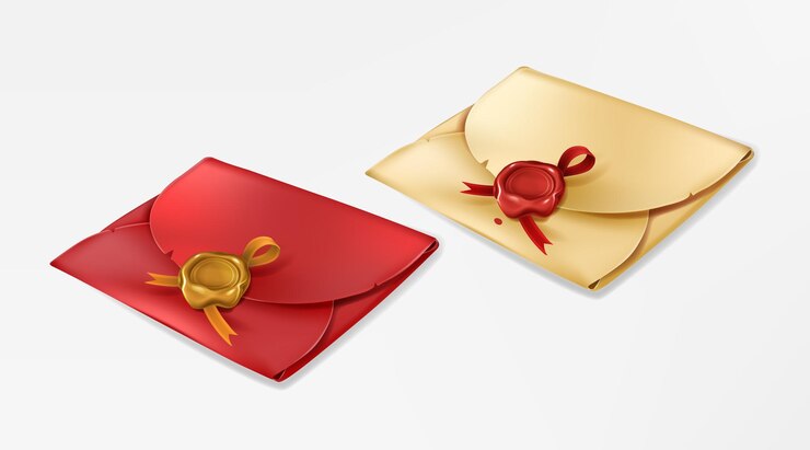 Vector gratuito sobres vintage dorados y rojos con sellos de cera cerrados en blanco con sello redondo con cinta de papel cala ...