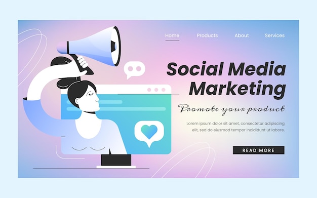 Social media marketing landing page template vector web banner de smm con mujer de negocios con altavoz