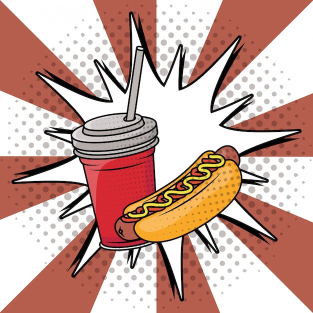 Soda y hot dog comida rápida estilo pop art