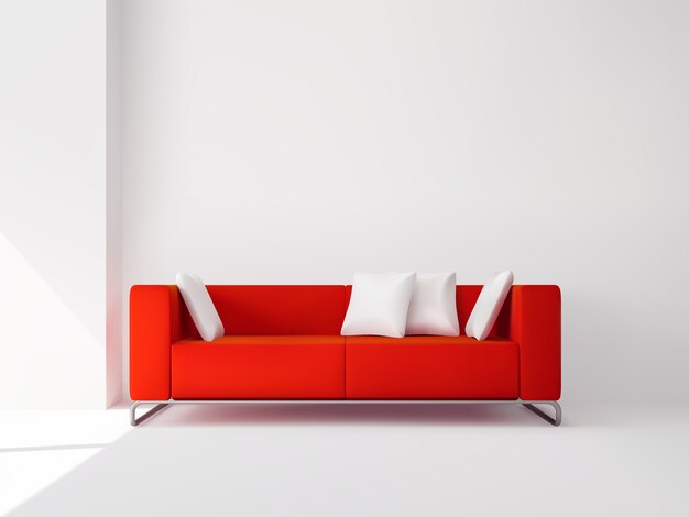 Sofá cuadrado rojo realista en las patas de metal