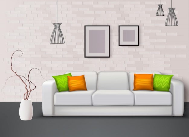 El sofá de cuero blanco con almohadas fantásticas de color verde naranja aporta color a la ilustración interior realista de la sala de estar