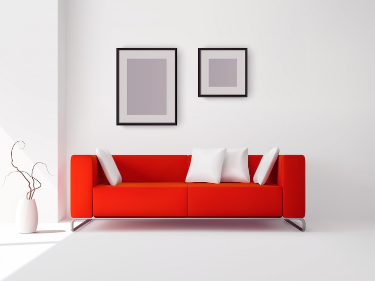 Vector gratuito sofá rojo con almohadas y marcos