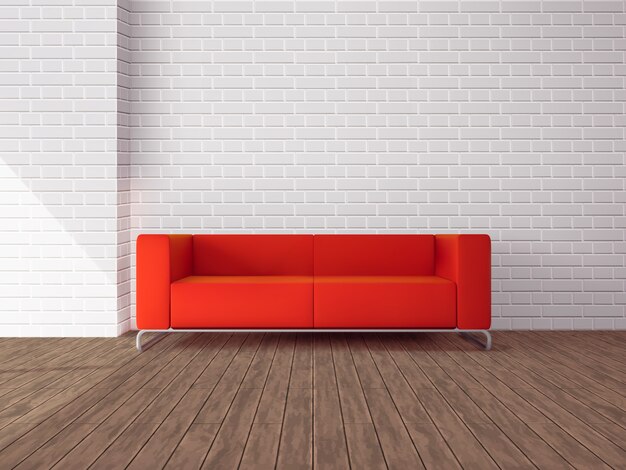 Sofá rojo realista en la habitación