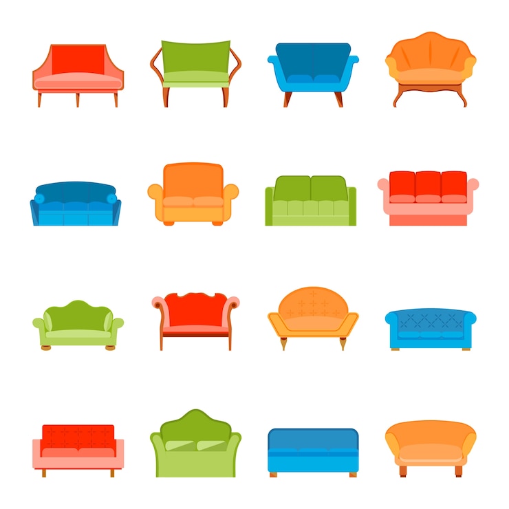 Vector gratuito sofás sofá muebles modernos iconos conjunto plano ilustración vectorial aislados