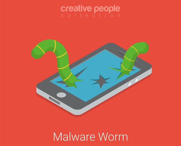 Software de aplicación de virus de gusano malicioso. Dispositivo de pantalla táctil isométrica plana con concepto de tecnología de hacker de internet en línea de gusano de pantalla rota