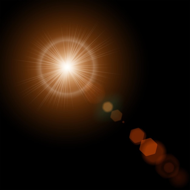 Sol de verano con luces de destello de lente realistas y brillo en negro