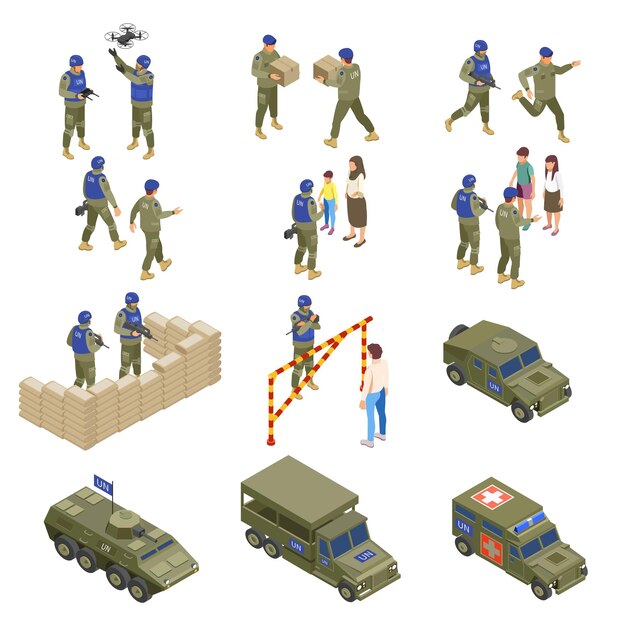 Soldados de mantenimiento de la paz de la ONU oficiales militares que brindan asistencia humanitaria utilizando drones vehículos de convoyes armados conjunto isométrico ilustración vectorial