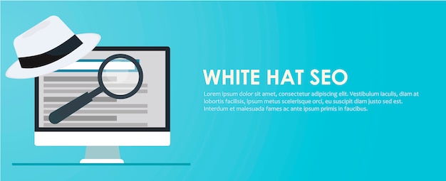 Sombrero blanco y negro seo banner. Lupa, y otras herramientas de optimización de motores de búsqueda