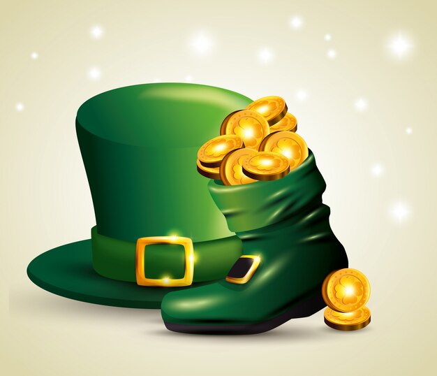Sombrero del día de San Patricio con monedas dentro de la bota