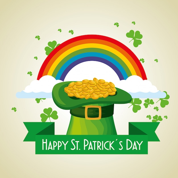 Sombrero del día de San Patricio con monedas de oro y arcoiris
