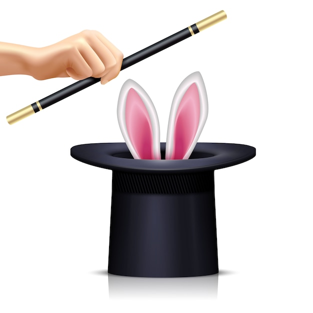 Sombrero negro con conejo para trucos ilusionistas y mano que sostiene la varita mágica en la ilustración de vector aislado realista fondo blanco