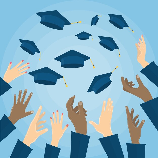 Sombreros de estudiante de educación en el aire Ilustración de vector de diseño plano