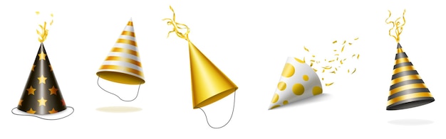 Sombreros de fiesta con rayas doradas y negras, lunares y estrellas para celebración de cumpleaños.