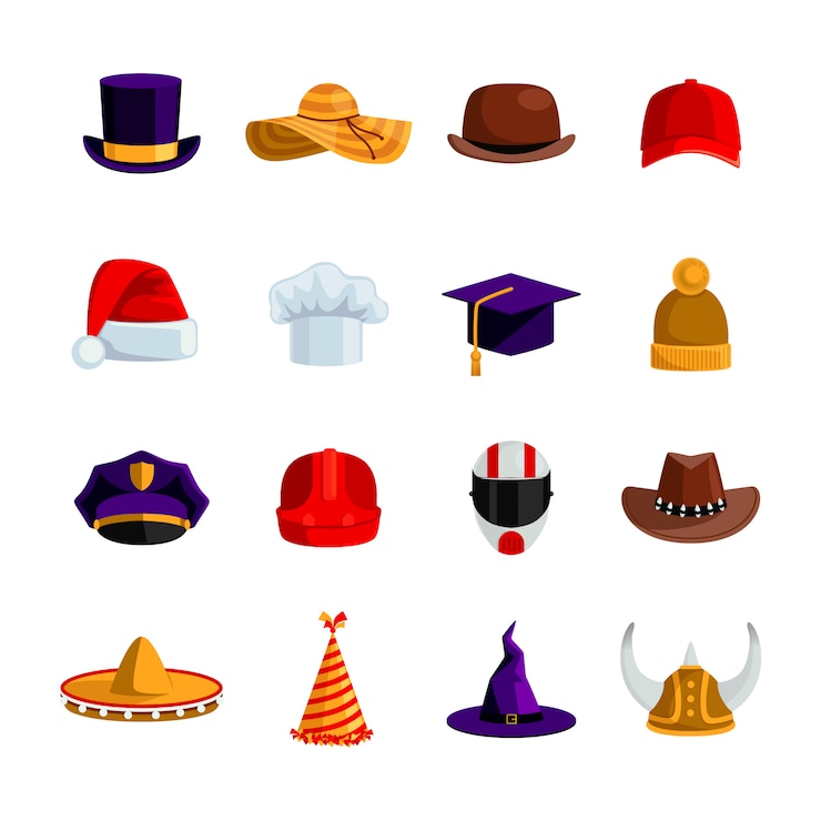 Vector gratuito sombreros y gorras iconos de colores planos conjunto de sombrero de jugador de bolos cuadrado gorra de béisbol sombrero académico