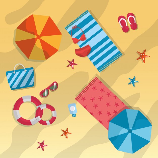 Sombrilla de playa de verano toallas gafas de sol bolsa de estrellas de mar traje de baño salvavidas