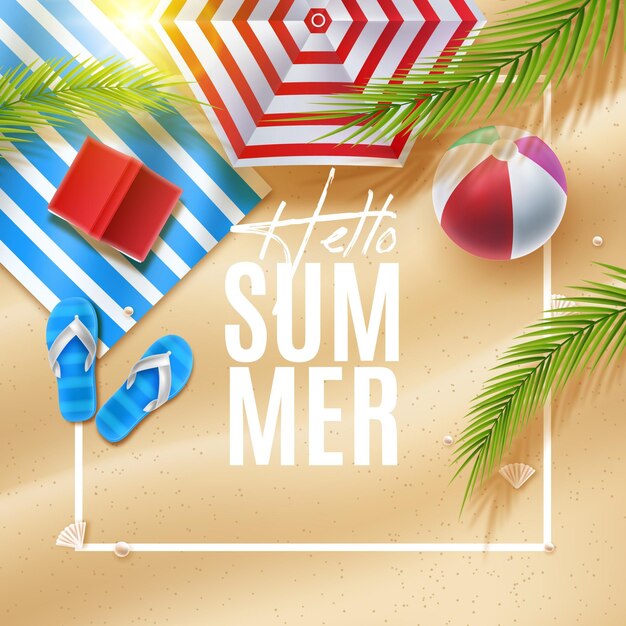 Sombrilla y toalla realista fondo de verano