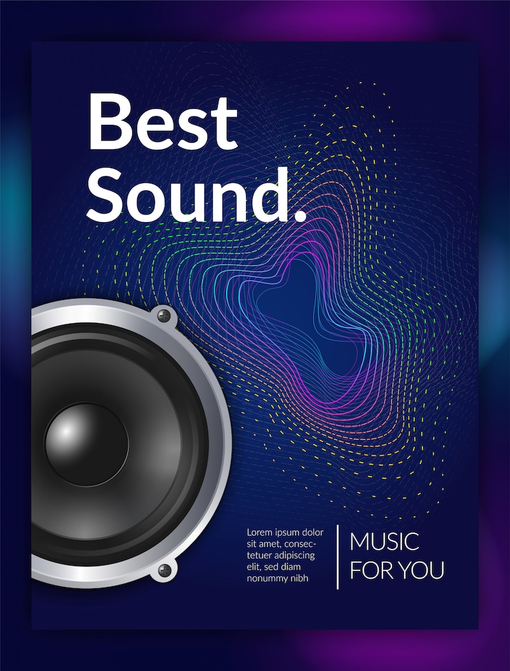 Vector gratuito sonido de equipo de audio realista para cartel promocional de música con ilustración de textura de onda