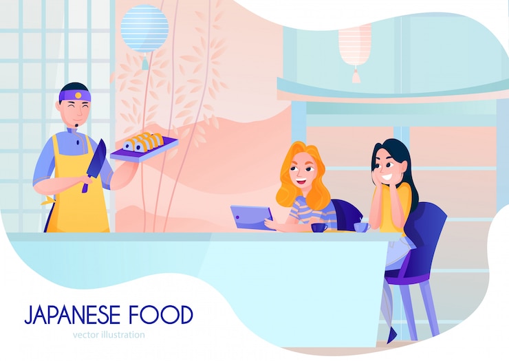 Vector gratuito sonriente cocinero sirviendo sushi en restaurante japonés cartoon