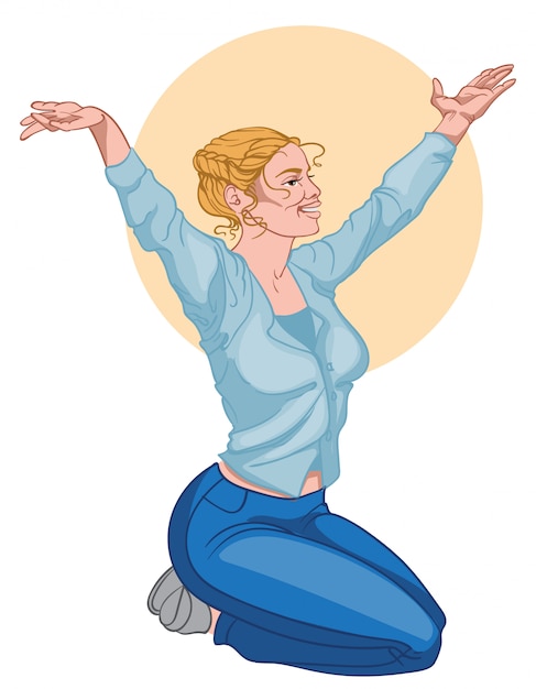 Sonriente mujer rubia en camisa azul y jeans estirando las manos y meditando