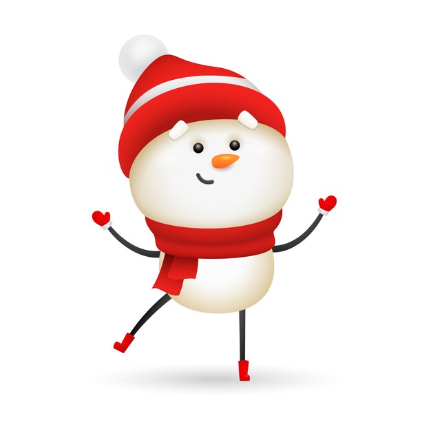 Sonriente muñeco de nieve con bufanda y gorro de punto rojo