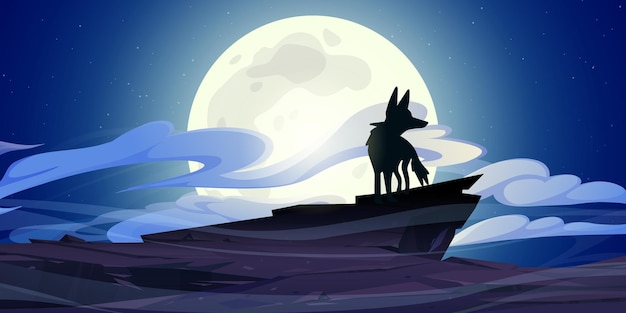 Vector gratuito soporte de lobo en el acantilado de roca en la noche con luna llena